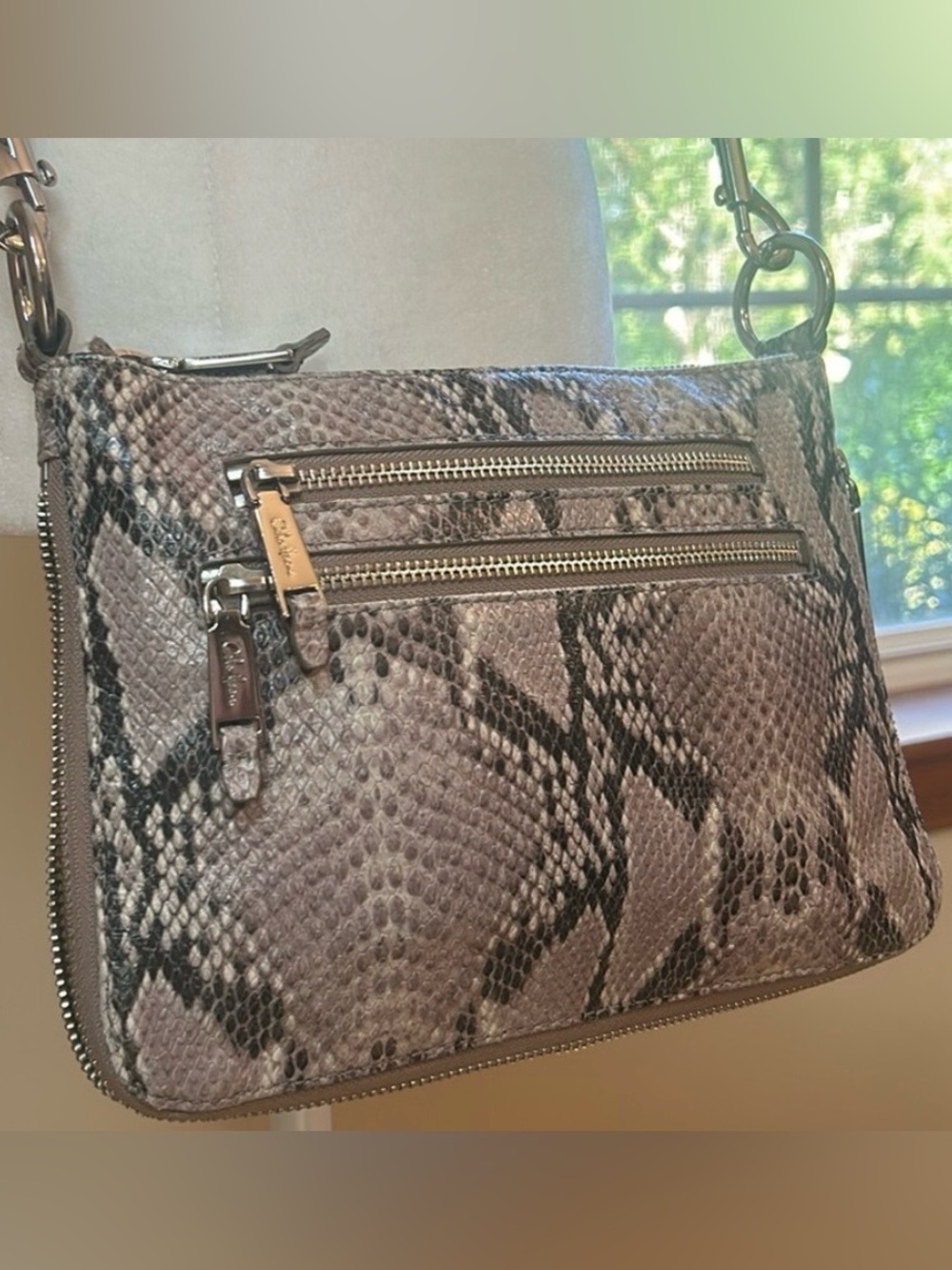 Cole Haan Snake-Print Crossbody Bag in Taupe and Black